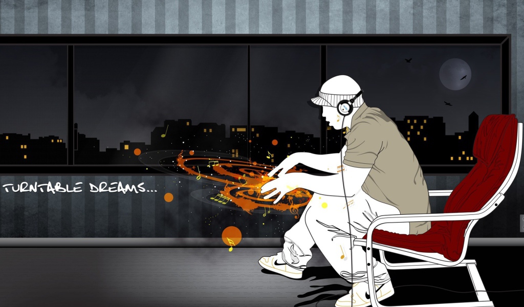 Диджей наушниках с воображаемым пультом