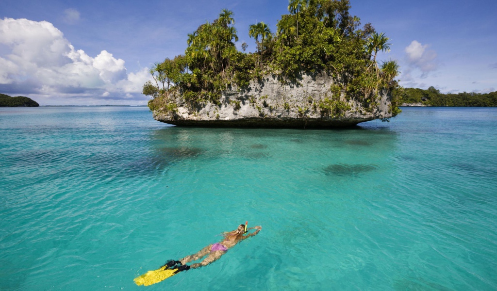 Дайвер плывет к скале