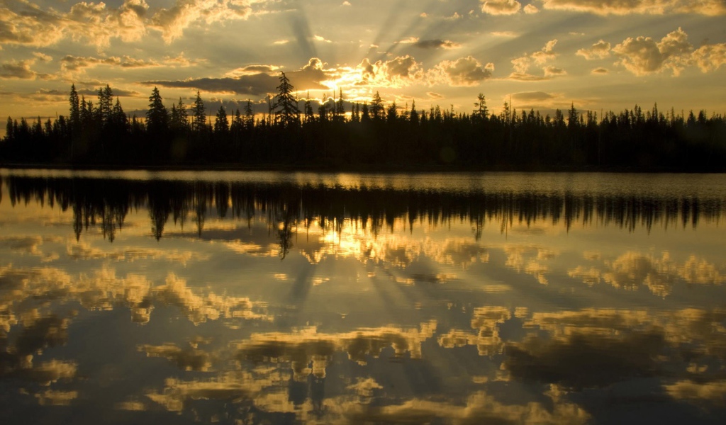 Освещенные лучами солнца облака отражаются в воде