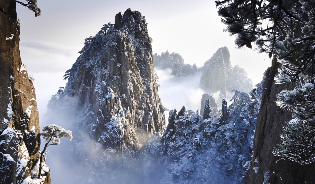 Заснеженная скала в тумане