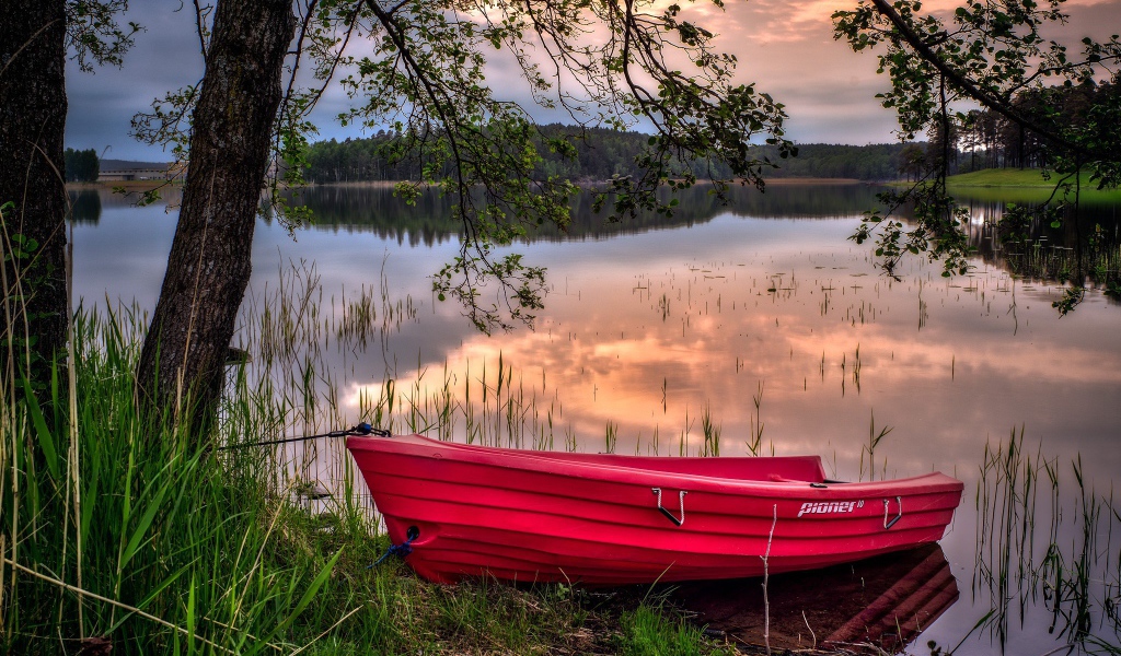 Красная лодка на берегу водоема