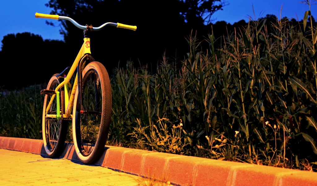 Желтый велосипед у обочины