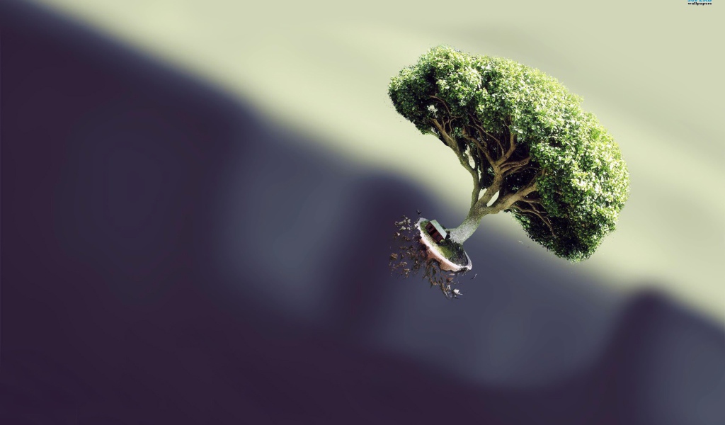 Летающее дерево на темном фоне