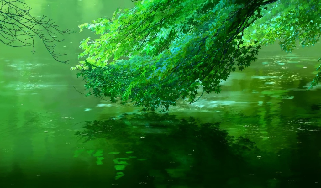 Зеленая ветка склонилась над водой