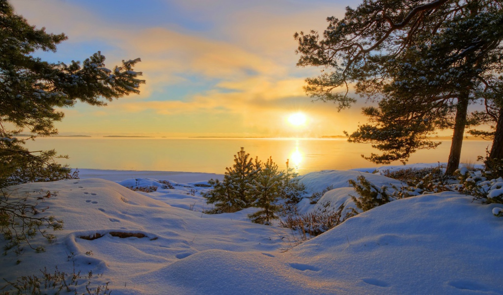 Заснеженные берега у озера