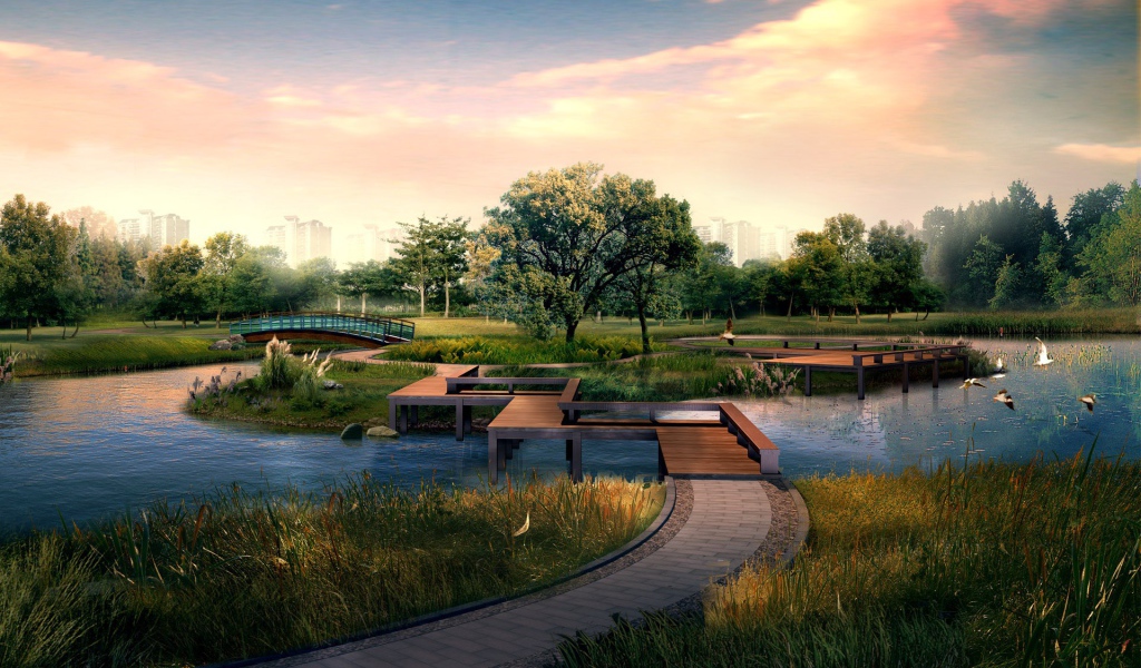 Деревянные мосты через реку в парке