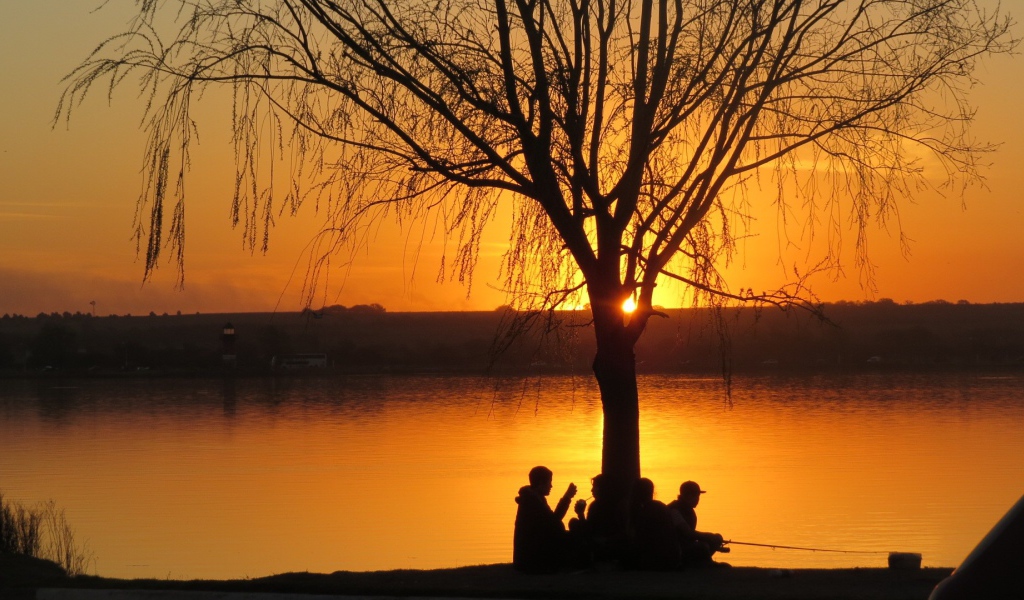 Рыбаки отдыхают под деревом на закате