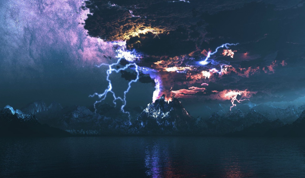 Извержение вулкана в ночи