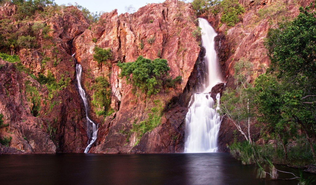 Зелень на розовых скалах с водопадом