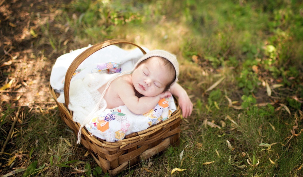 Ребенок спит в корзинке на траве