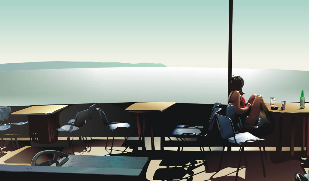 Девушка в кафе около моря