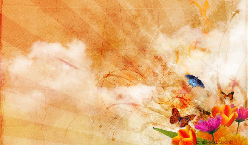 Цветы и бабочки на облаках