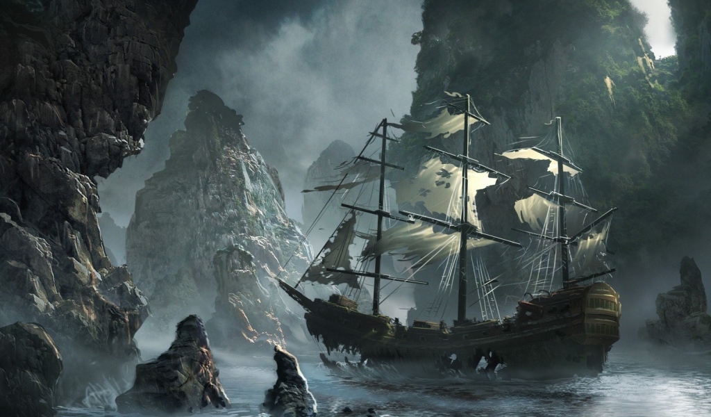 Потрепанный корабль среди скал, картина