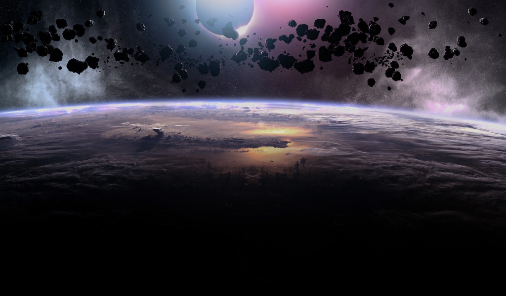 Облако черных астероидов над планетой
