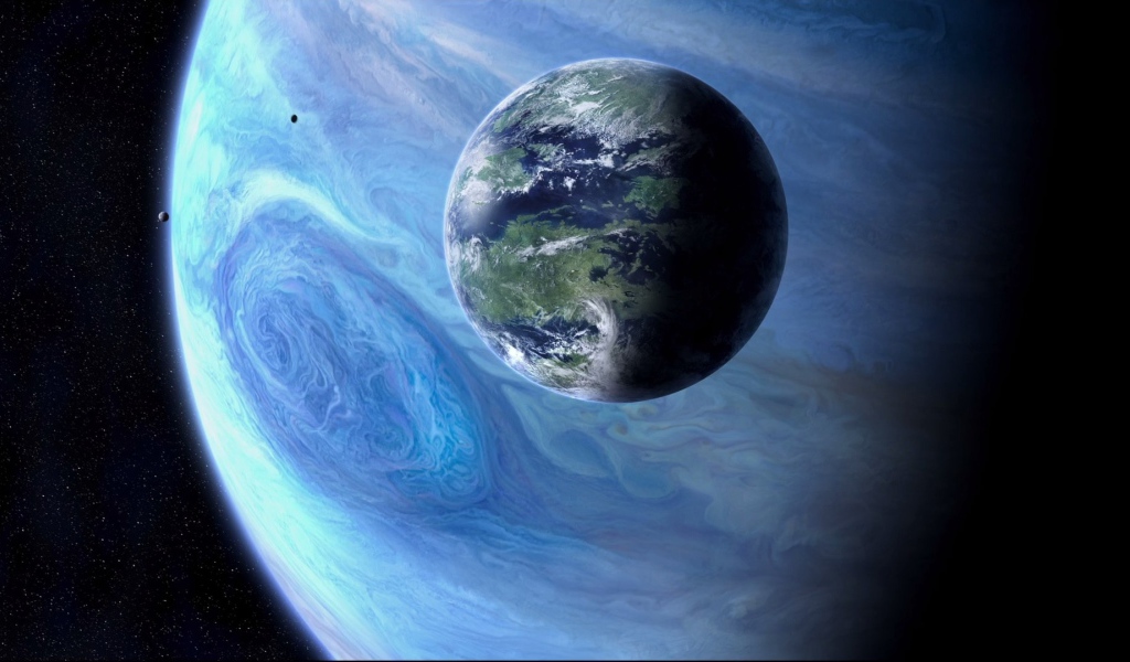 Земля на фоне голубого Юпитера