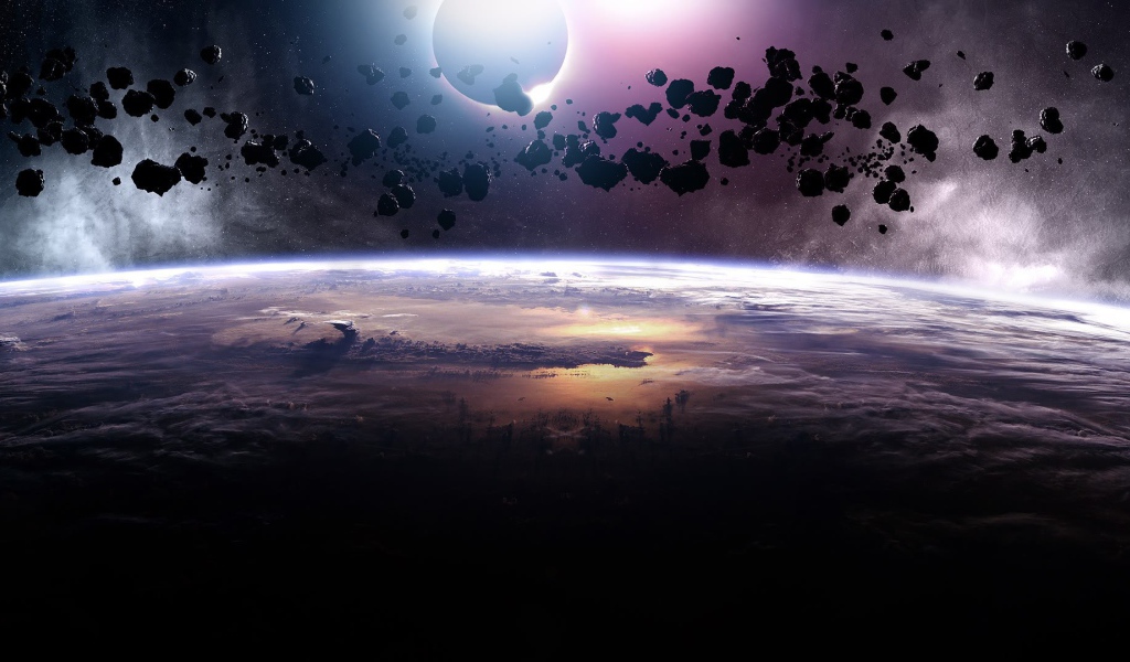 Группа астероидов над планетой