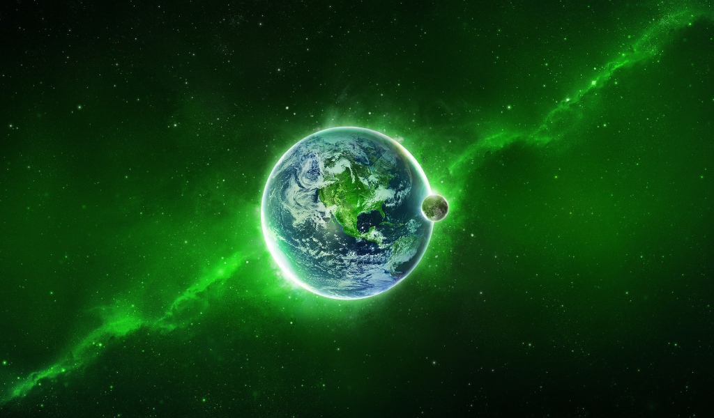 Наша планета на фоне зеленой туманности