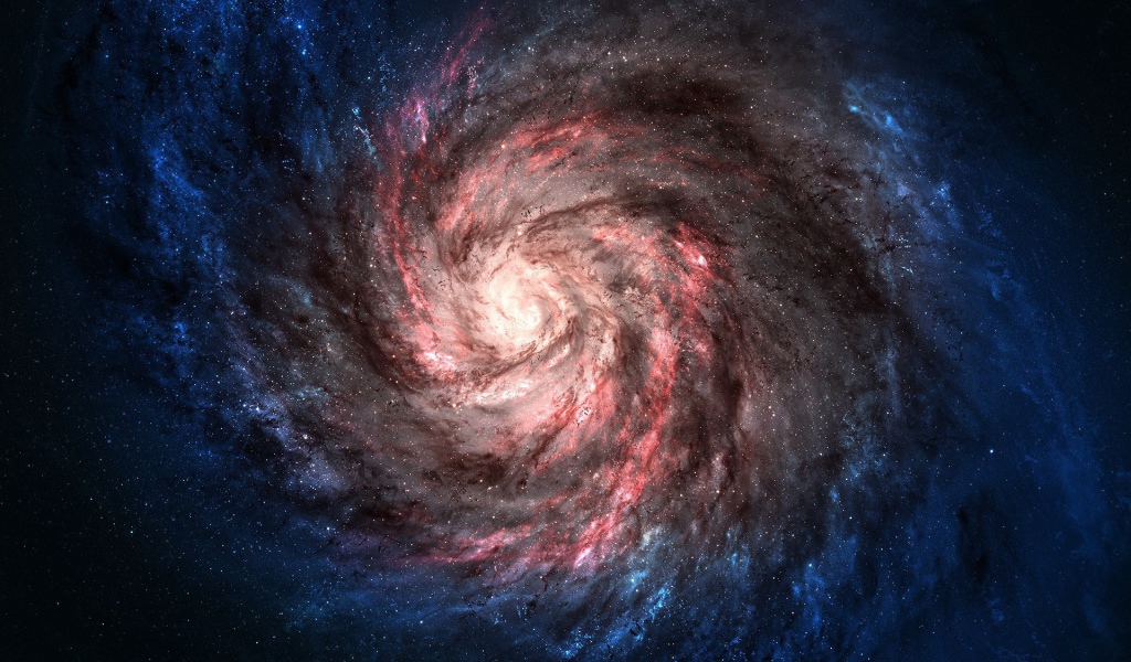 Розовая спиральная галактика с голубыми краями