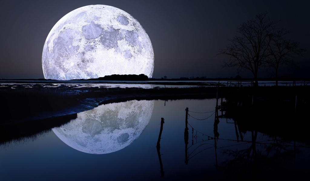 Супер луна встает из-за горизонта