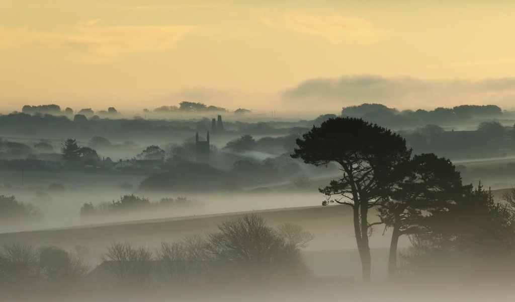 Город, покрытый густым туманом