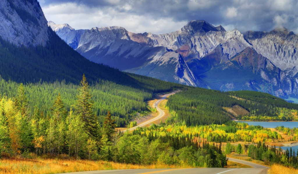 Шоссе среди горного леса в Канаде