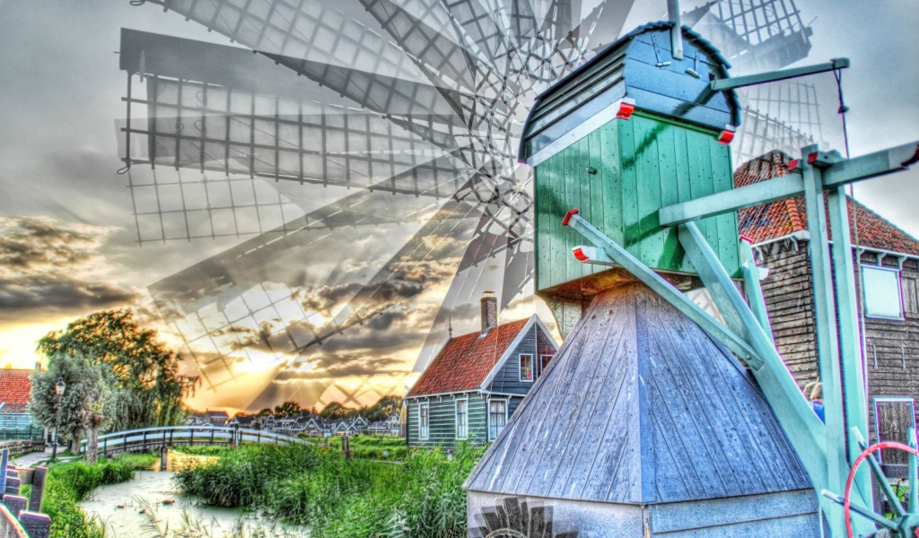 Вращение лопастей деревянной мельницы