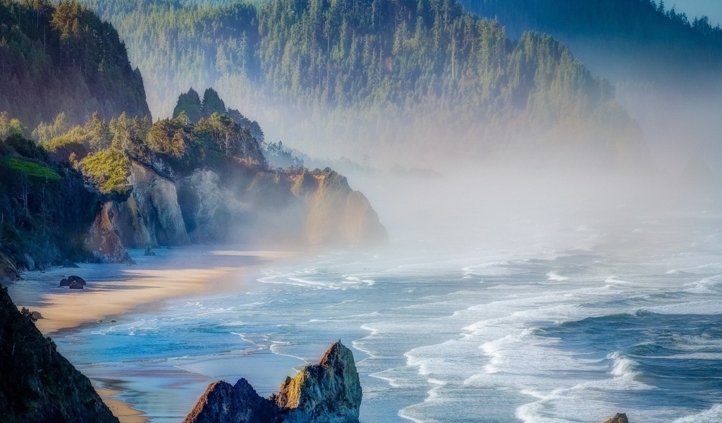 Лесистые горы на берегу в Орегоне