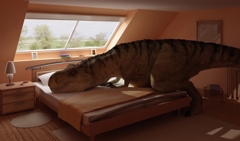 Динозавр прилег на кровать