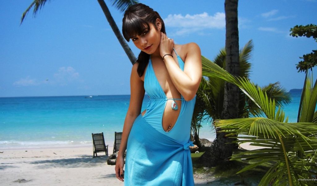 Модель Ванесса Хадженс в голубом платье