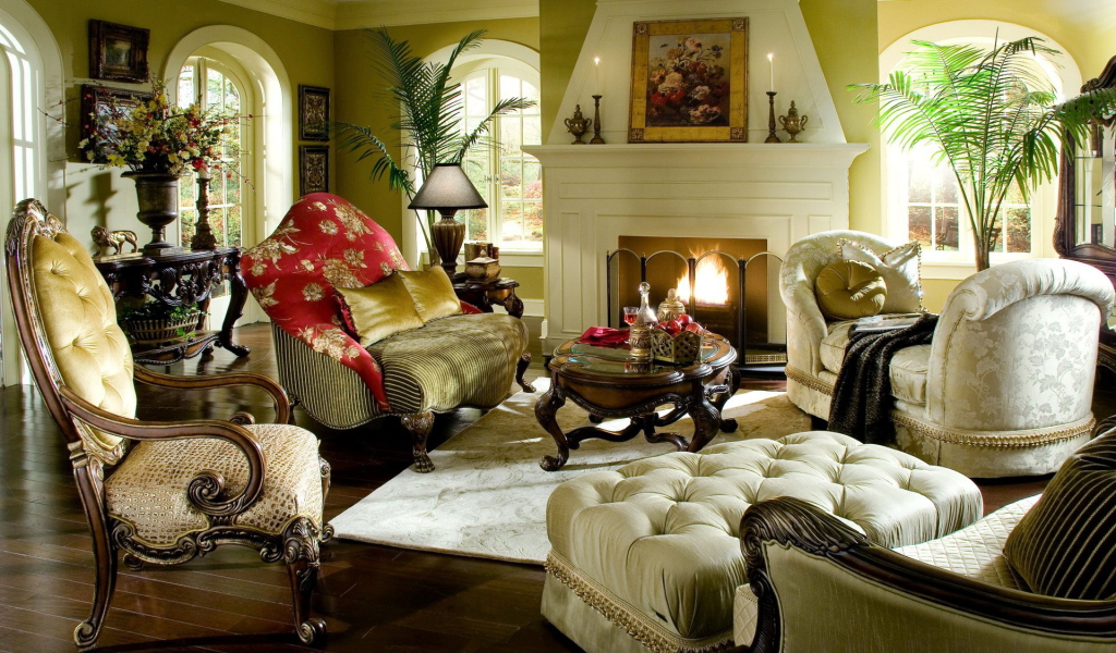 Комната с камином в стиле ретро