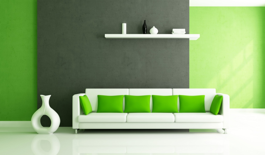 Белый диван с зелеными подушками