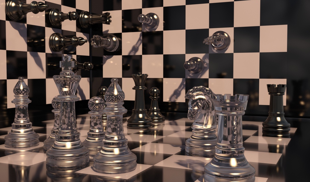 Шахматная доска с прозрачными шахматными фигурами 3д графика
