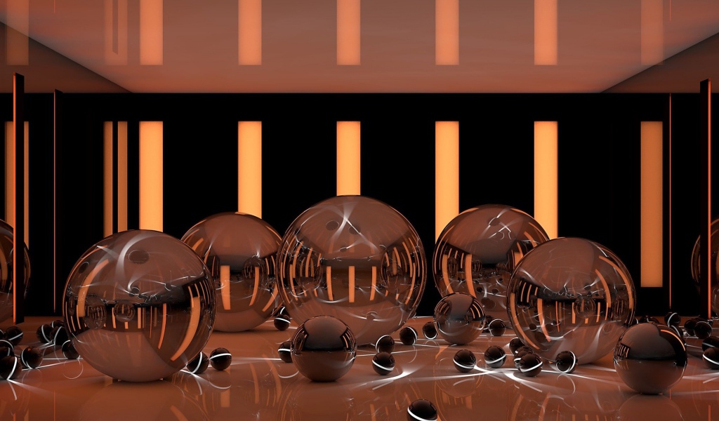 Глянцевые шары на поверхности с неоновыми полосками 