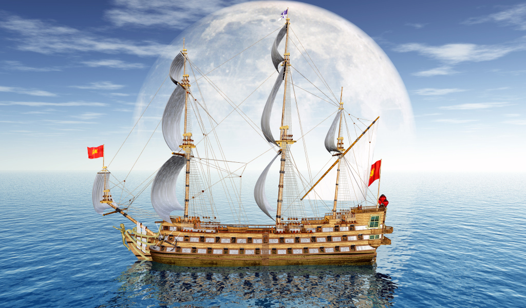 Большое парусное судно на фоне луны в море 3д графика