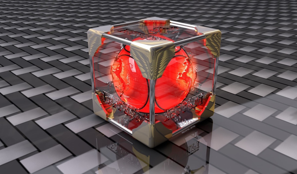 Красный шар в стеклянном кубе 3D графика 