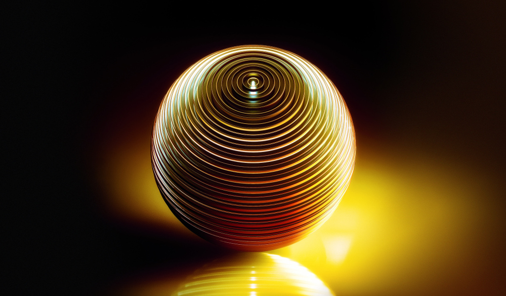 Металлическая желтая сфера отражается в поверхности