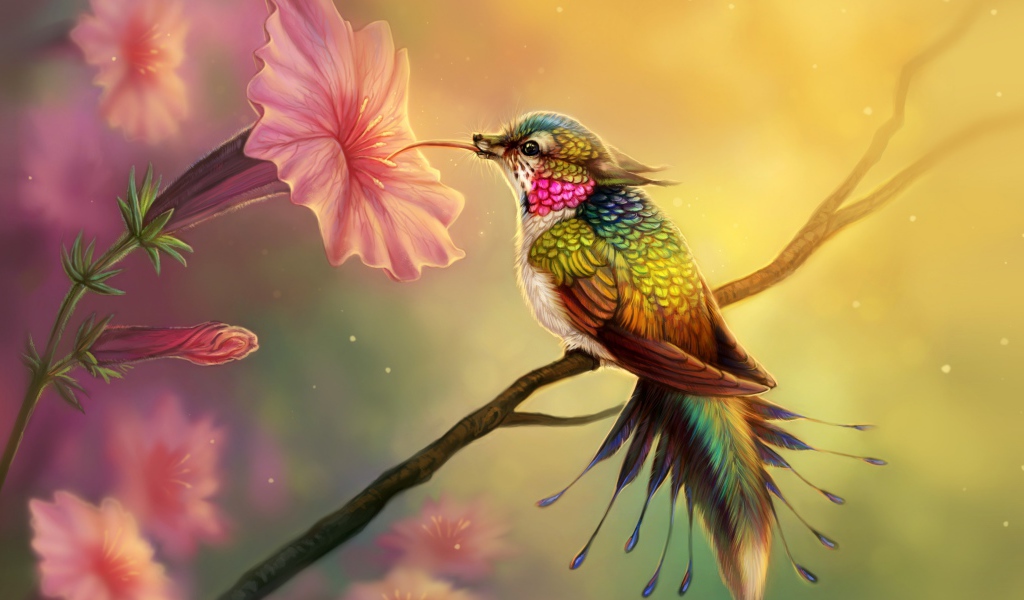 Фантастическая птица колибри пьет нектар из цветка