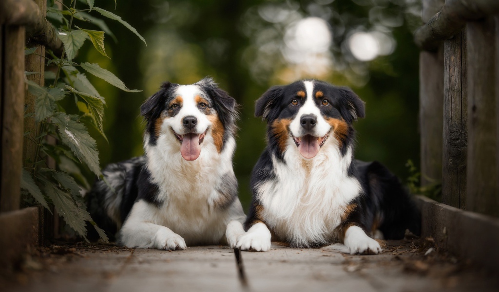 Две австралийские овчарки лежат в высунутым языком