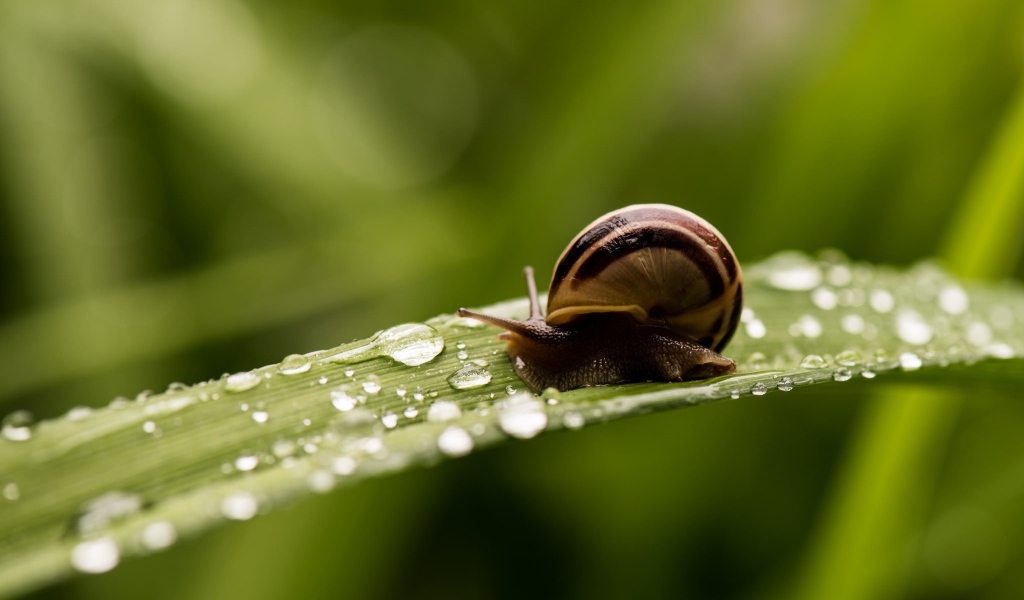 Улитка сидит на покрытом росой зеленом листе