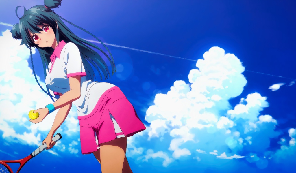 Девушка аниме Руру с ракеткой на фоне неба 