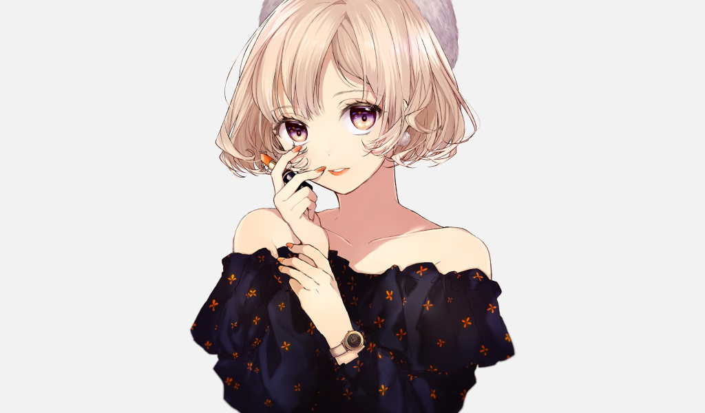 Девушка аниме блондинка с помадой в руках на белом фоне