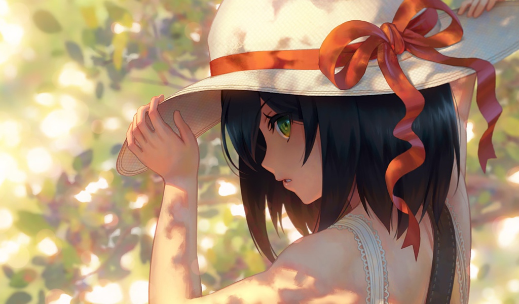Аниме девушка в шляпе с красным бантом 