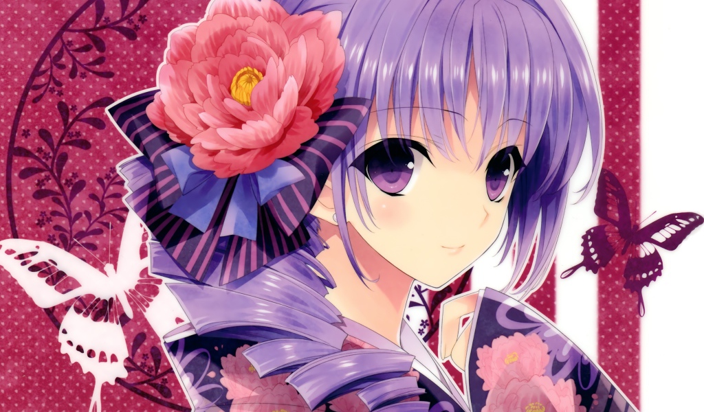 Девушка аниме в кимоно и большим красным цветком в волосах