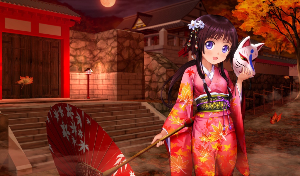 Аниме девушка с зонтом и в кимоно 