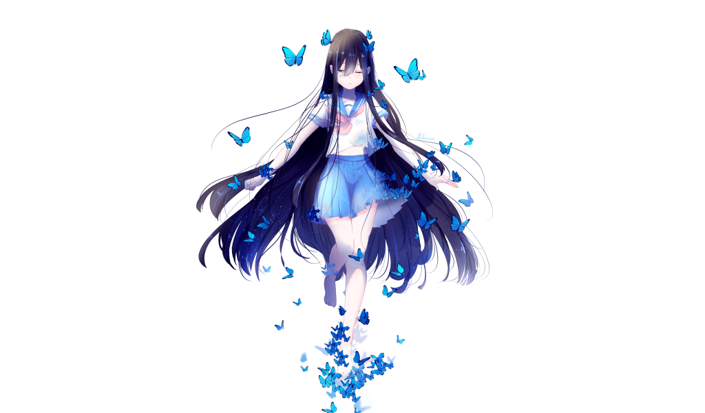 Девушка аниме с длинными волосами с голубыми бабочками на белом фоне