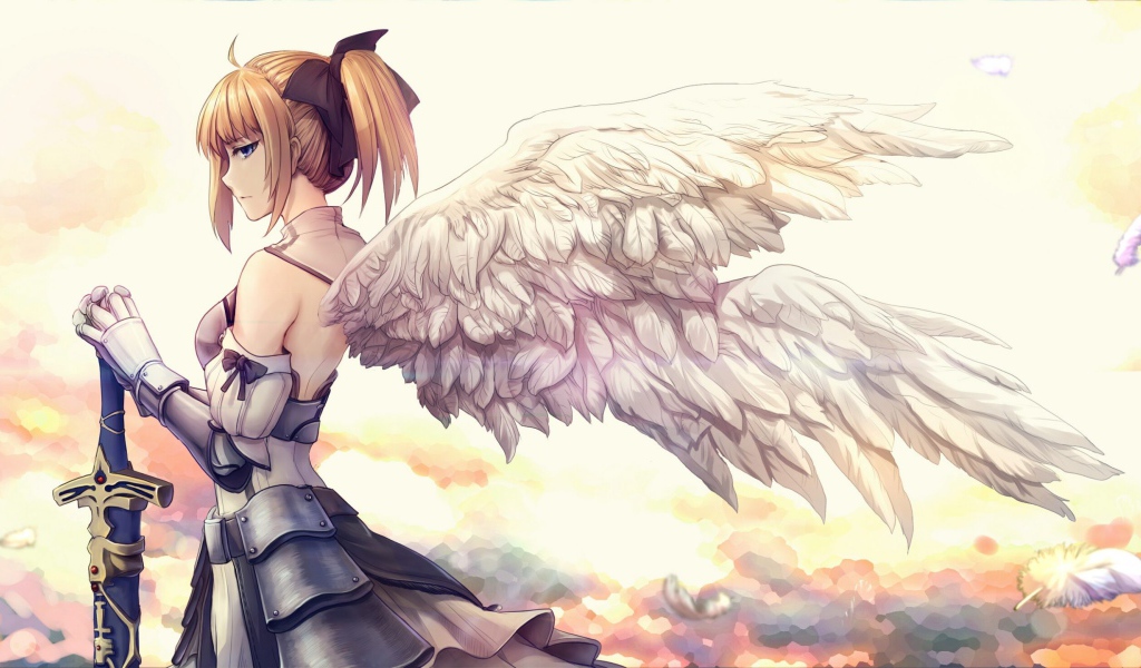Девушка аниме с белыми крыльями ангела 