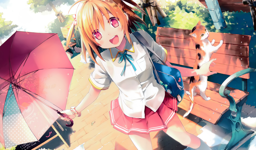 Веселая девушка аниме с розовым зонтом