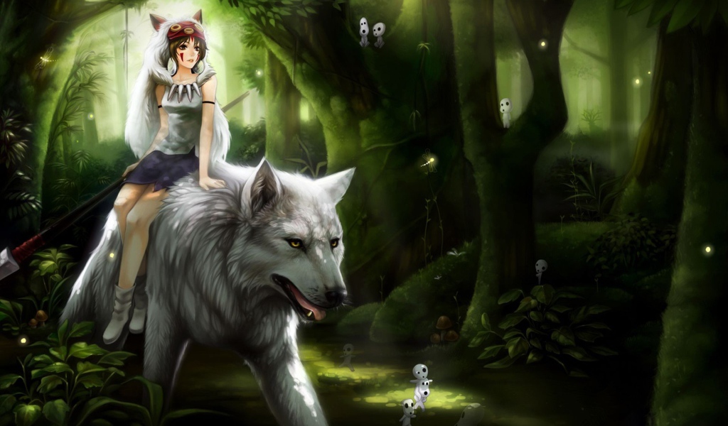 Девушка верхом на белом волке аниме Принцесса Мононоке 