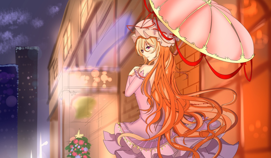 Девушка с рыжими волосами под розовым зонтом аниме 