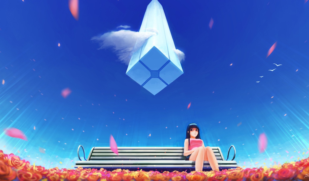 Девушка аниме на фоне голубого неба  